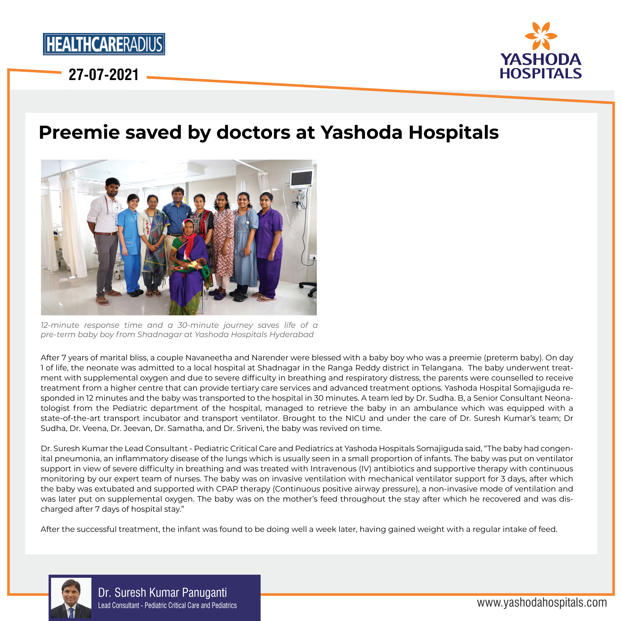 Preemie baby boy saved by Yashoda doctors